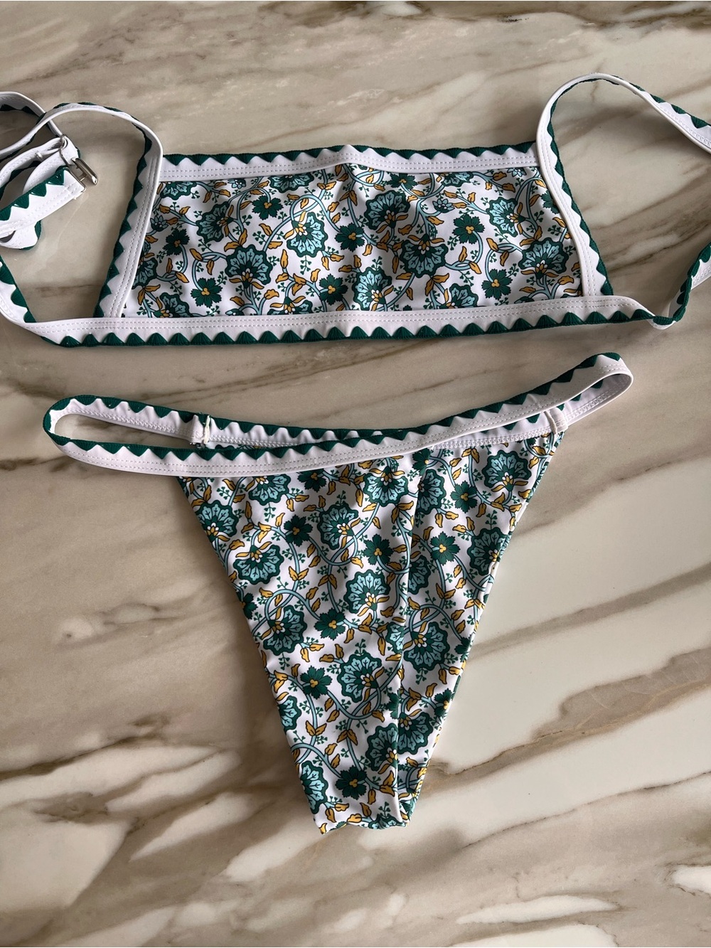 SHEIN White Floral Green & Gold Bandeau Bikini Set